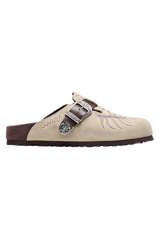Boston Suede Embroidery Clog - Taupe