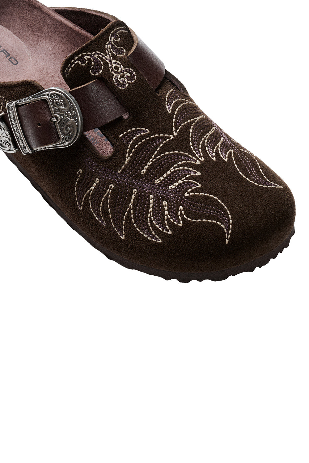 Boston Suede Embroidery Clog - Chocolate