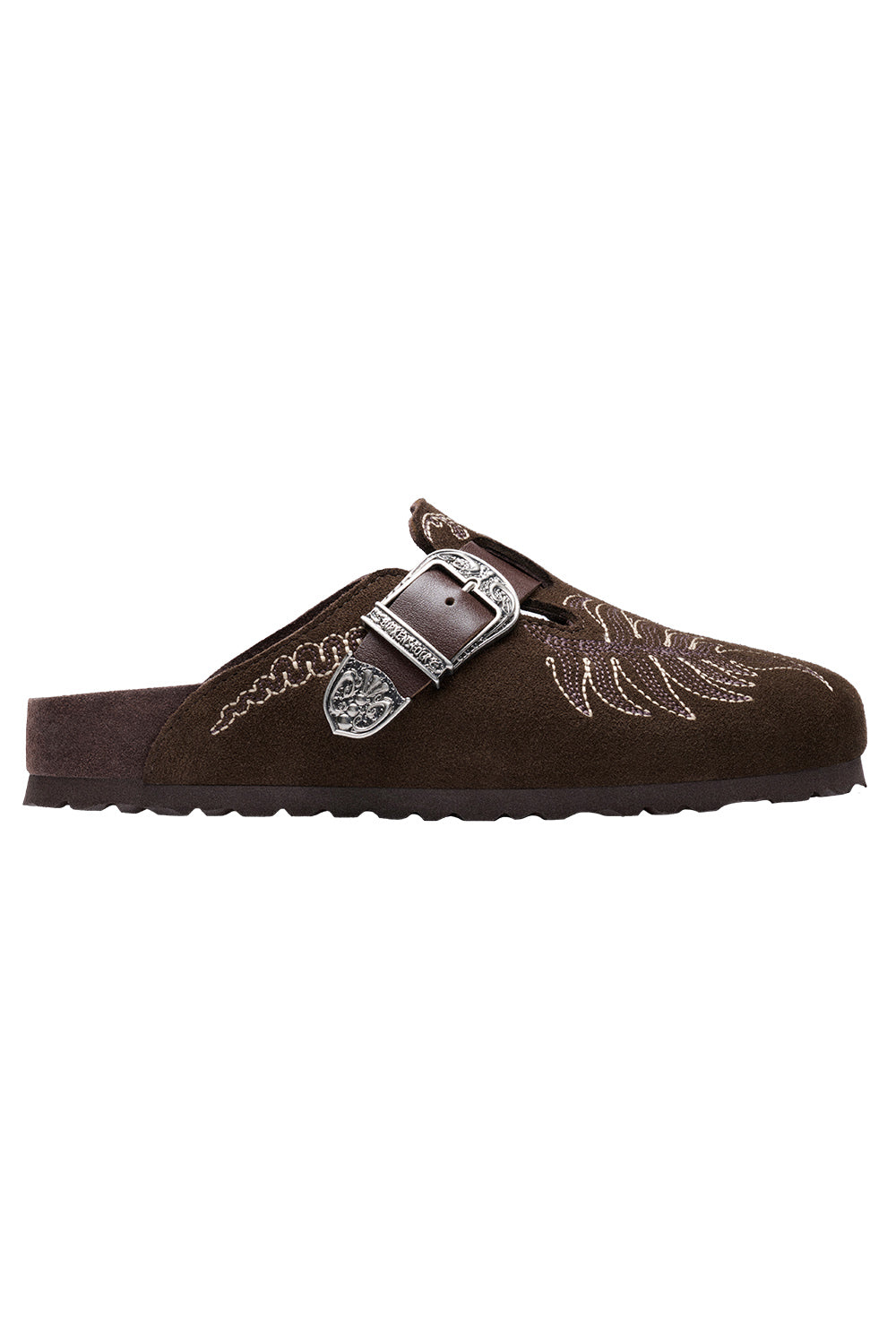 Boston Suede Embroidery Clog - Chocolate