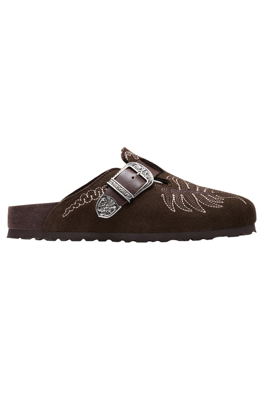Boston Suede Embroidery Clog - Chocolate
