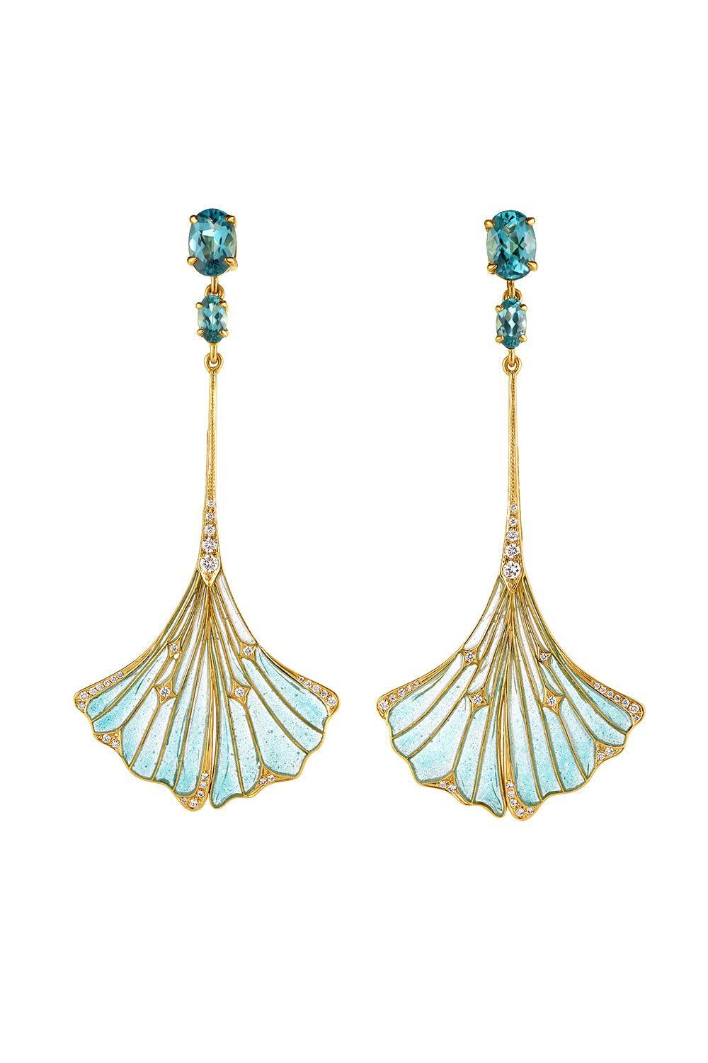 Tourmaline Gingko Leaf Earrings-YELLOW GOLD-JEWELRYFINE JEWELEARRING-CICADA