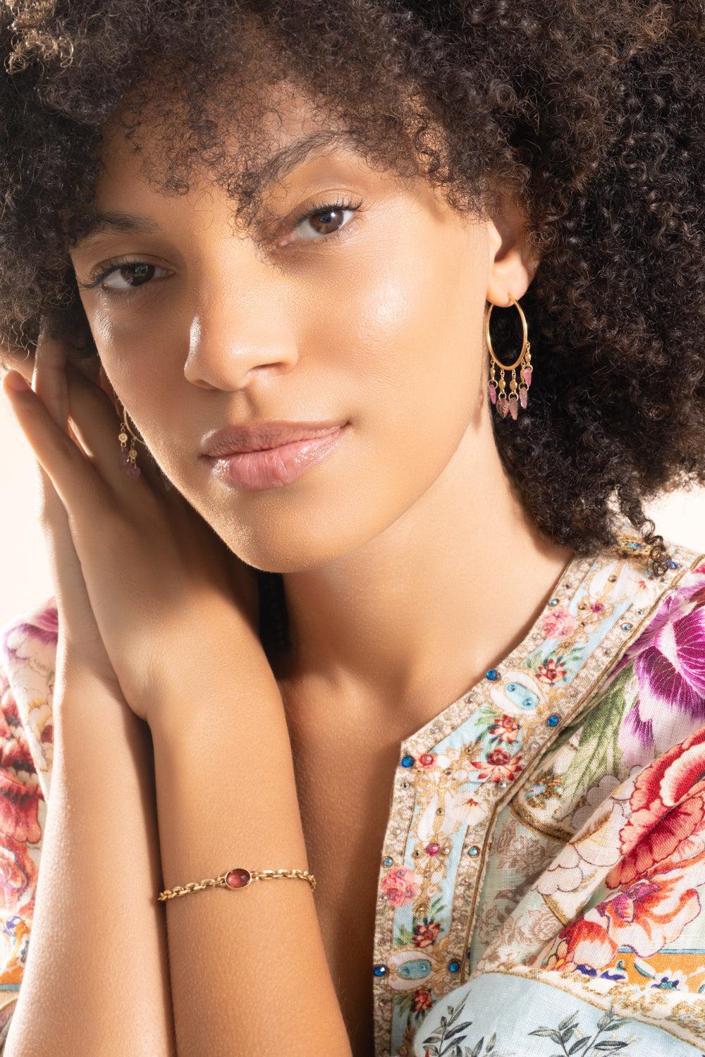 Pink Tourmaline Leaf Hoop Earrings-YELLOW GOLD-JEWELRYFINE JEWELEARRING-JACQUIE AICHE