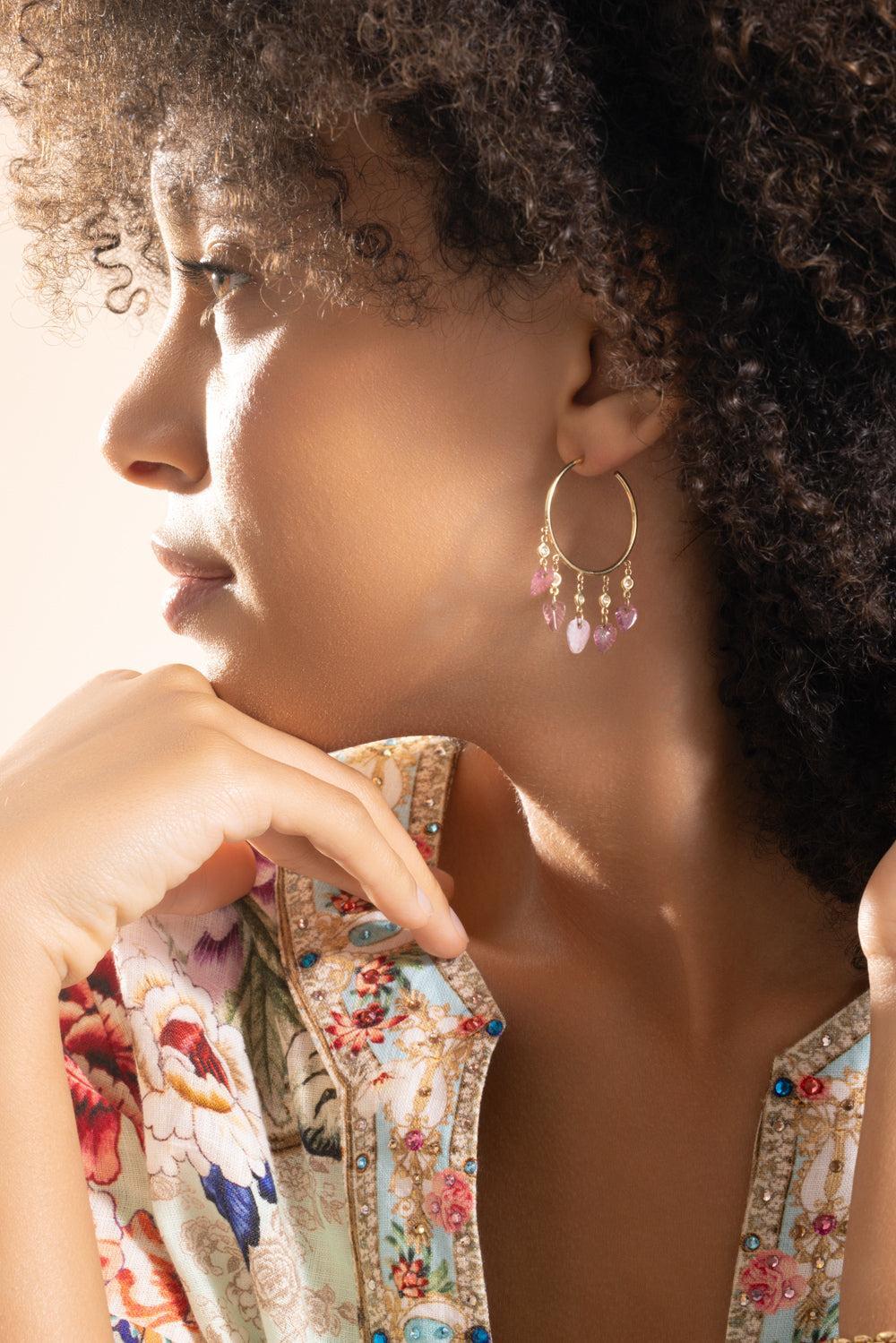 Pink Tourmaline Leaf Hoop Earrings-YELLOW GOLD-JEWELRYFINE JEWELEARRING-JACQUIE AICHE