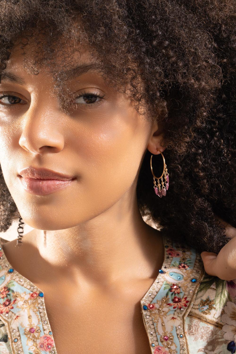 Pink Tourmaline Leaf Hoop Earrings-YELLOW GOLD-JEWELRYFINE JEWELEARRING-JACQUIE AICHE
