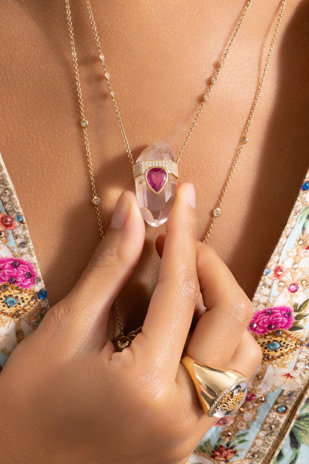 Clear Quartz Tourmaline Pendant Necklace-YELLOW GOLD-JEWELRYFINE JEWELNECKLACE O-JACQUIE AICHE
