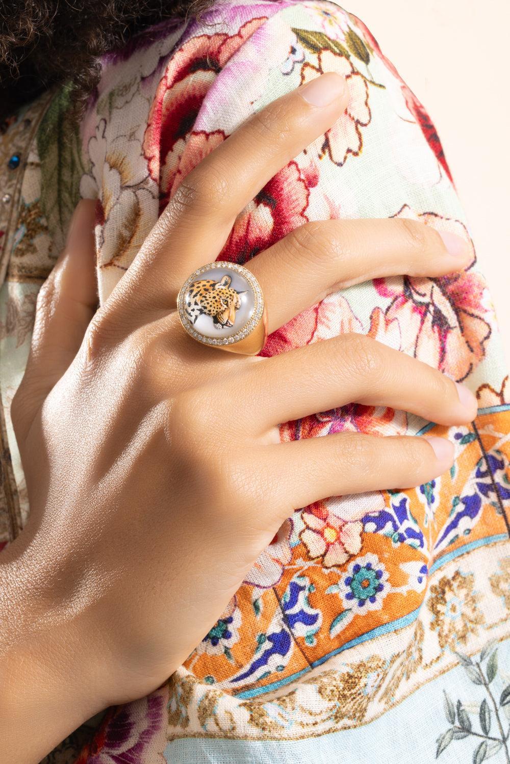 Pearl Diamond Leopard Signet Ring-YELLOW GOLD-8.5-JEWELRYFINE JEWELRING-JACQUIE AICHE