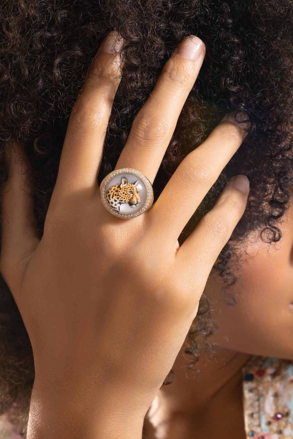 Pearl Diamond Leopard Signet Ring-YELLOW GOLD-8.5-JEWELRYFINE JEWELRING-JACQUIE AICHE
