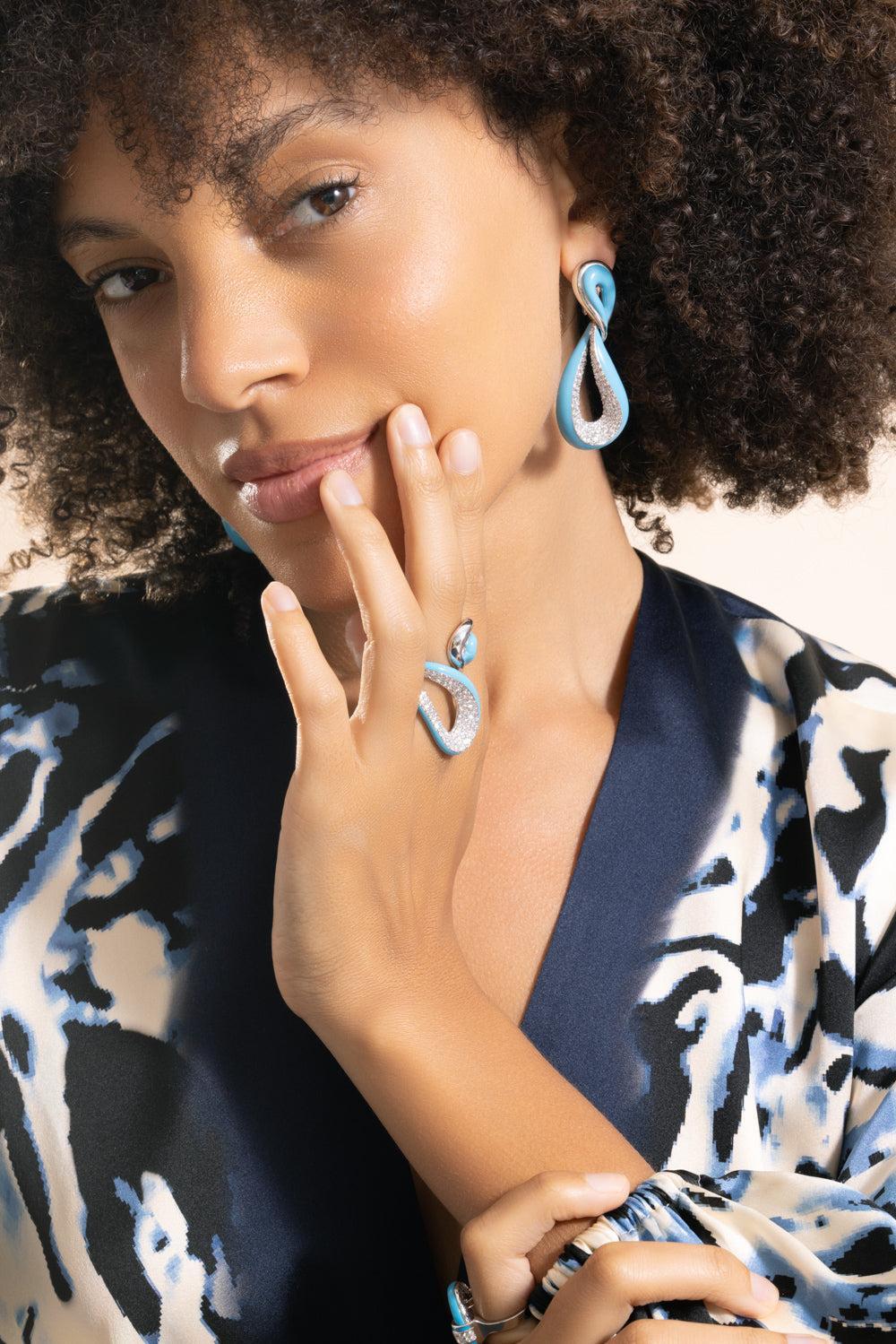 Diamond Turquoise Twisted Earrings-WHITE GOLD-JEWELRYFINE JEWELEARRING-PIRANESI