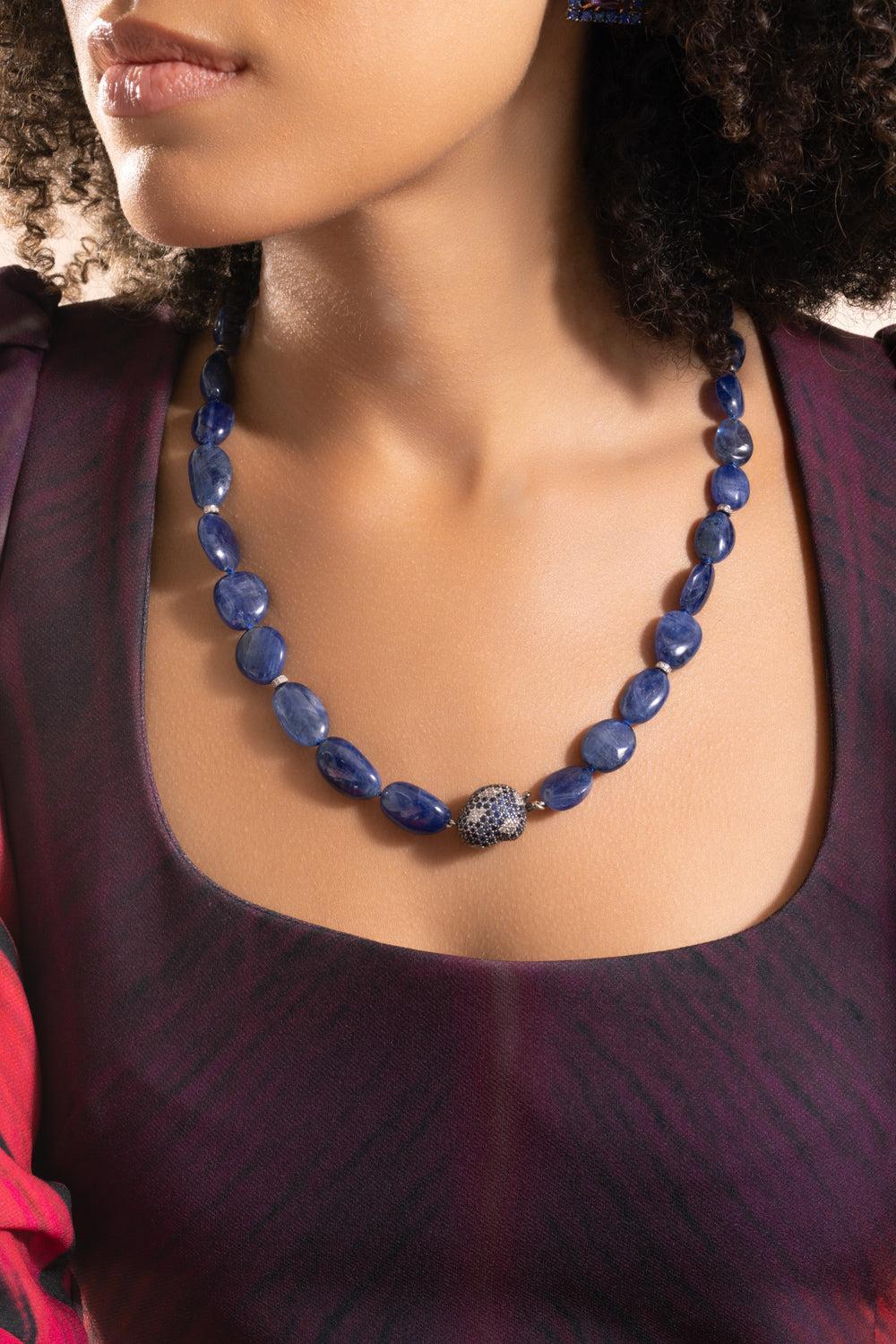 Diamond Blue Sapphire Beaded Necklace-WHITE GOLD-23.5-JEWELRYFINE JEWELNECKLACE O-PIRANESI