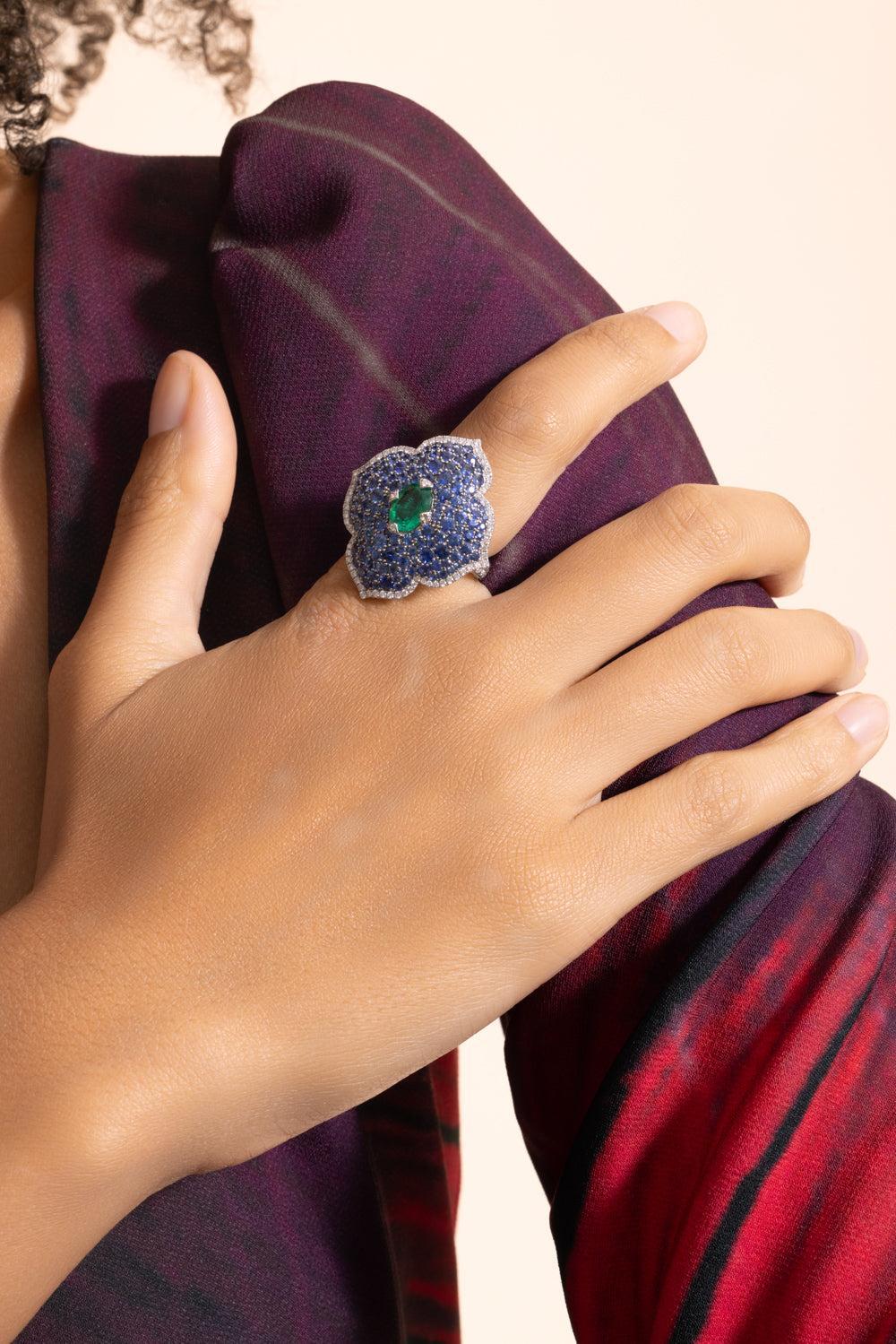 Emerald Sapphire Diamond XL Flower Ring-WHITE GOLD-6-JEWELRYFINE JEWELRING-PIRANESI