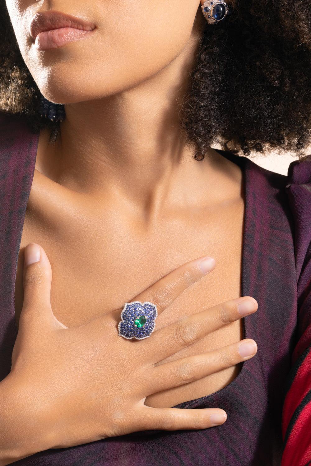 Emerald Sapphire Diamond XL Flower Ring-WHITE GOLD-6-JEWELRYFINE JEWELRING-PIRANESI