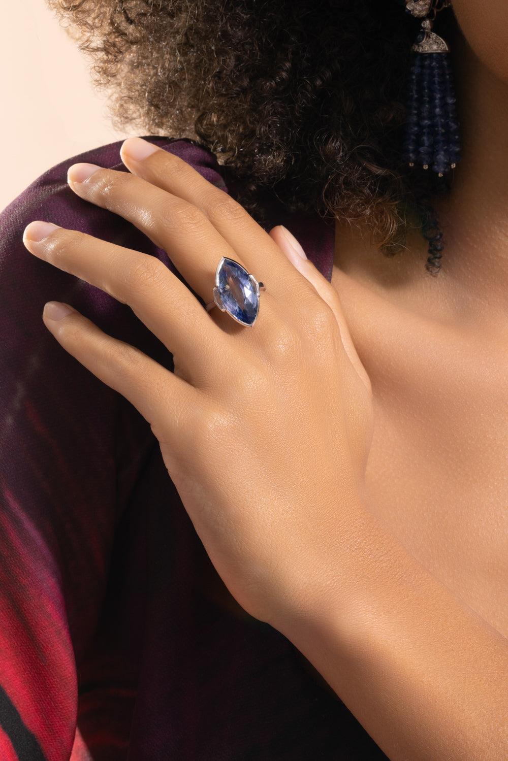 Blue Sapphire Diamond Marquise Ring-WHITE GOLD-7.25-JEWELRYFINE JEWELRING-PIRANESI