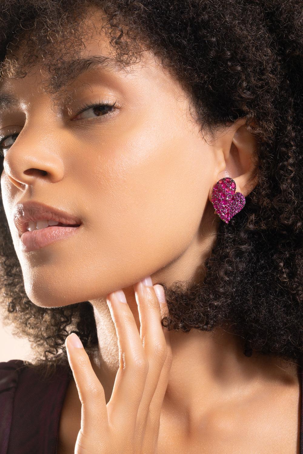 Deep Pink Large Sapphire Heart Earrings-ROSE GOLD-JEWELRYFINE JEWELEARRING-PIRANESI