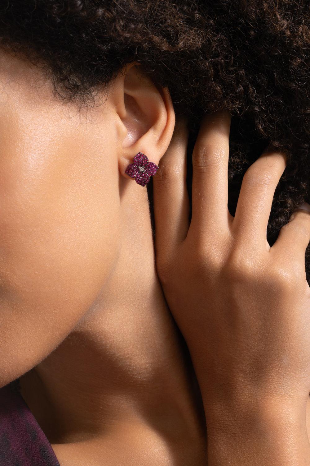 Deep Pink Sapphire Small Flower Earrings-ROSE GOLD-JEWELRYFINE JEWELEARRING-PIRANESI