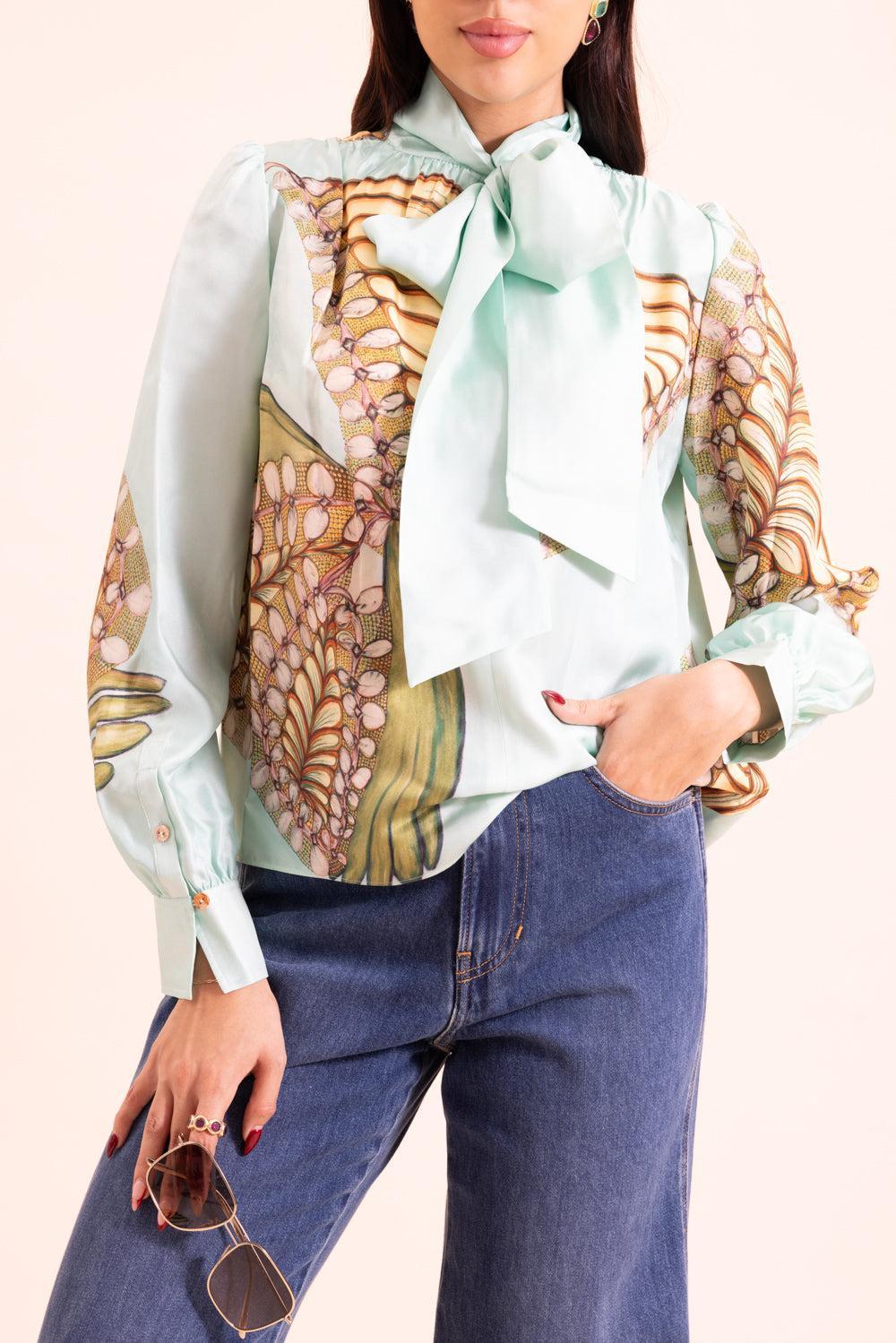 Ornament Tie Neck Blouse-GREEN-0-CLOTHINGTOPBLOUSE-ULLA JOHNSON