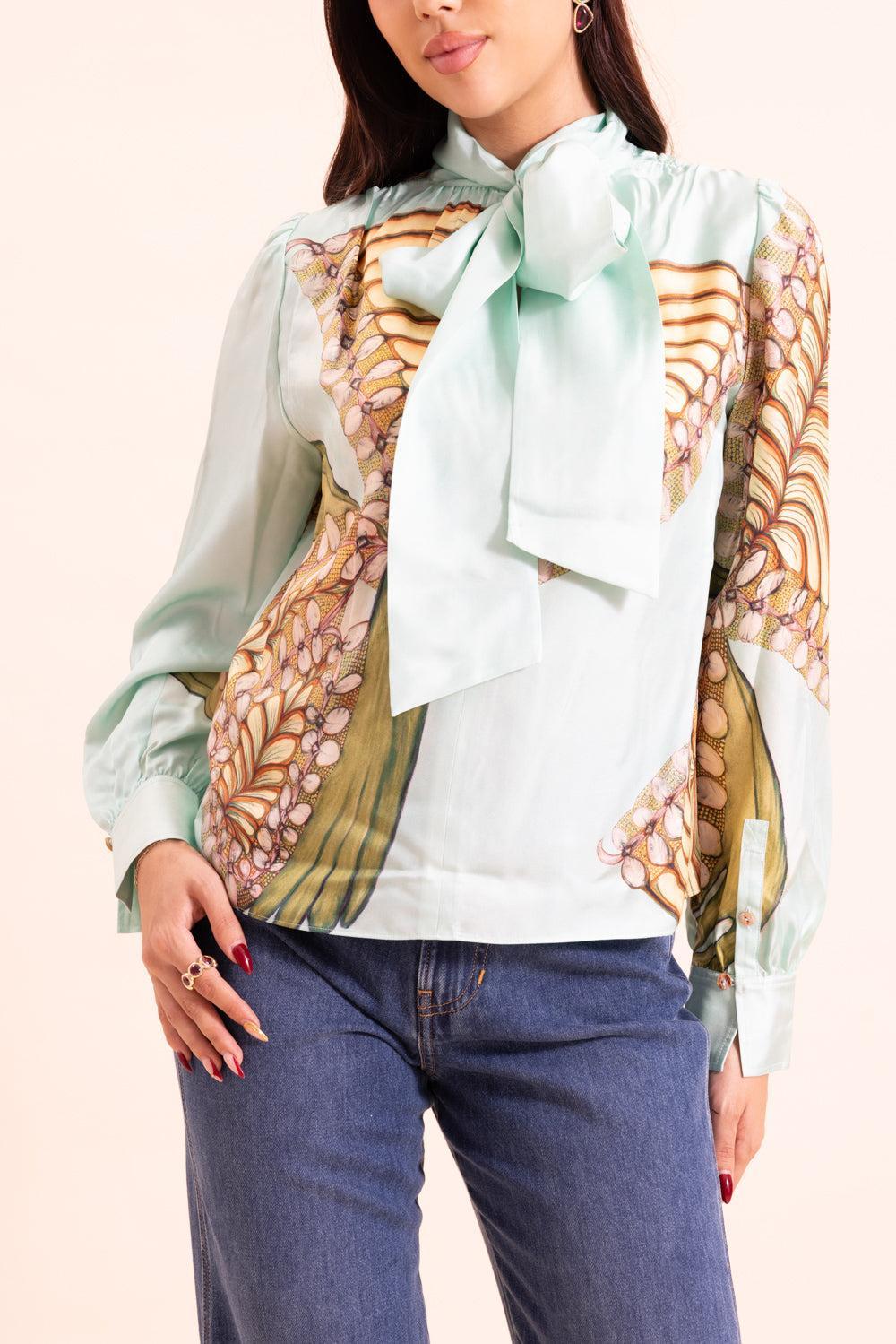 Ornament Tie Neck Blouse-GREEN-0-CLOTHINGTOPBLOUSE-ULLA JOHNSON