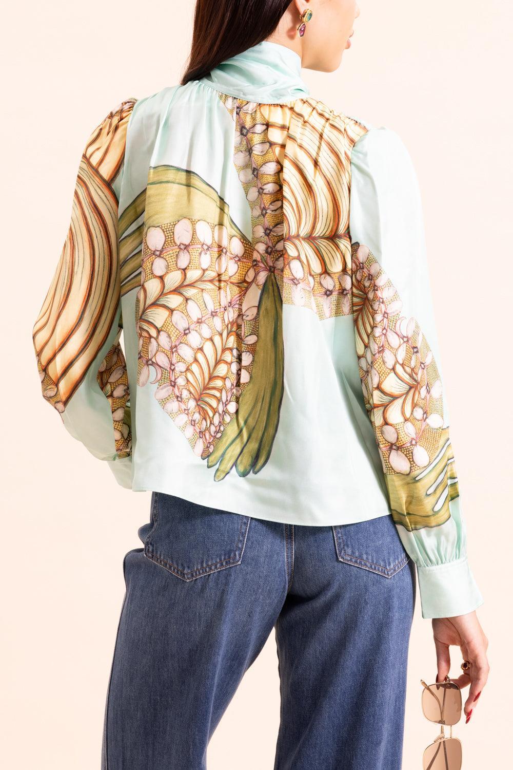 Ornament Tie Neck Blouse-GREEN-0-CLOTHINGTOPBLOUSE-ULLA JOHNSON