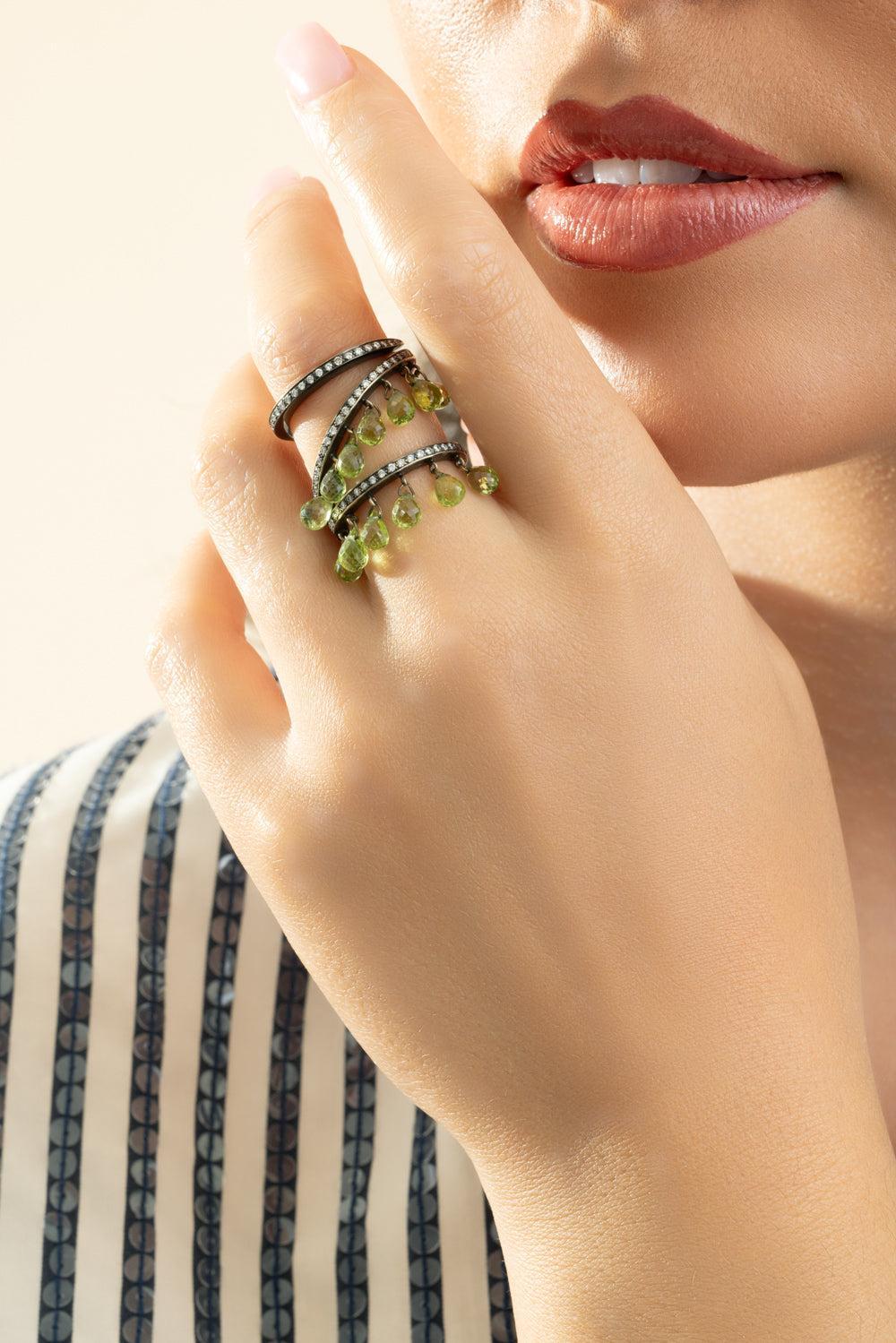 Diamond Peridot Drop Wrap Ring-BLACK GOLD-7-JEWELRYFINE JEWELRING-PIRANESI
