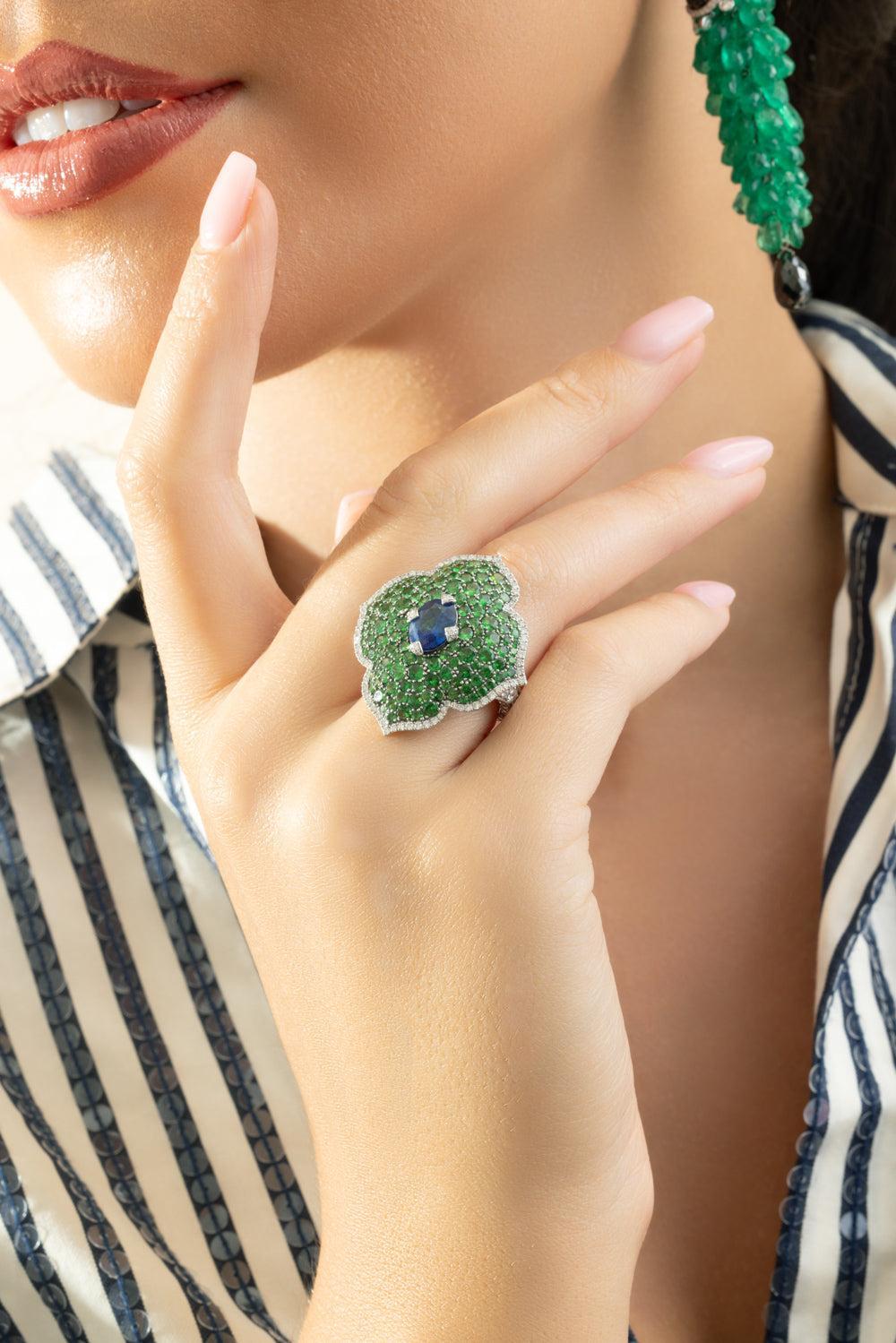 Blue Sapphire Tsavorite Diamond Ring-WHITE GOLD-6-JEWELRYFINE JEWELRING-PIRANESI