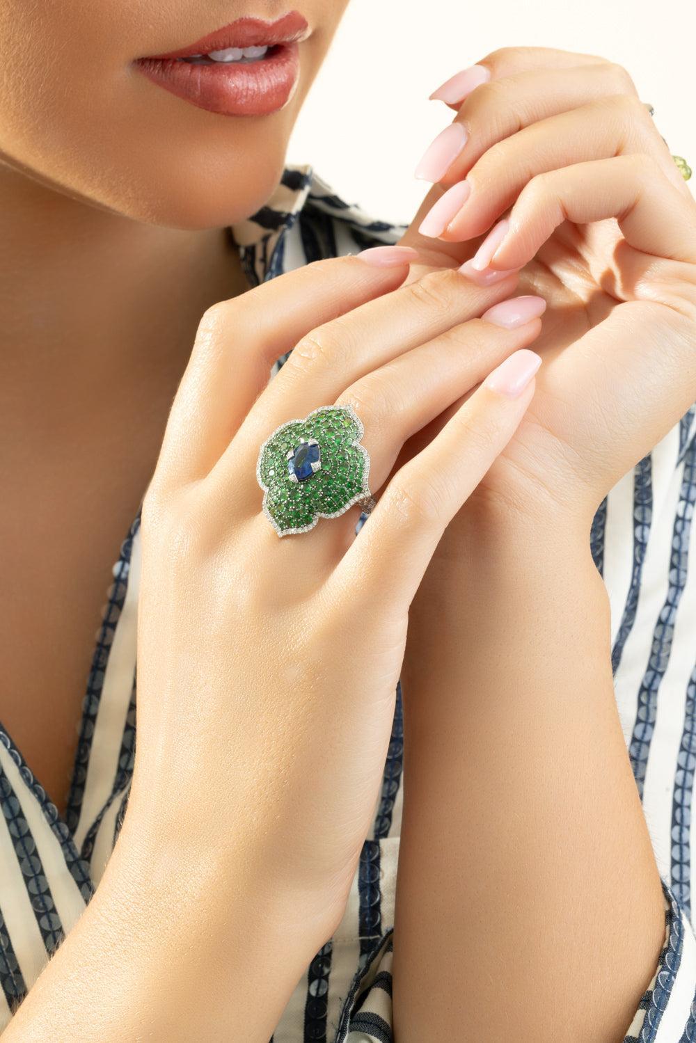 Blue Sapphire Tsavorite Diamond Ring-WHITE GOLD-6-JEWELRYFINE JEWELRING-PIRANESI