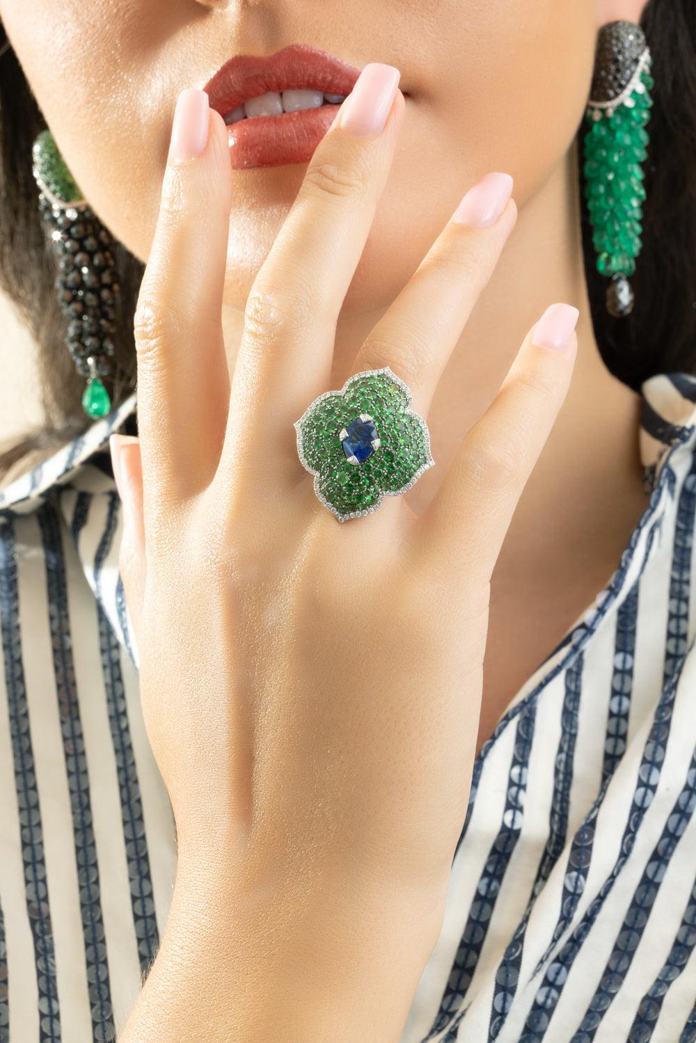 Blue Sapphire Tsavorite Diamond Ring-WHITE GOLD-6-JEWELRYFINE JEWELRING-PIRANESI