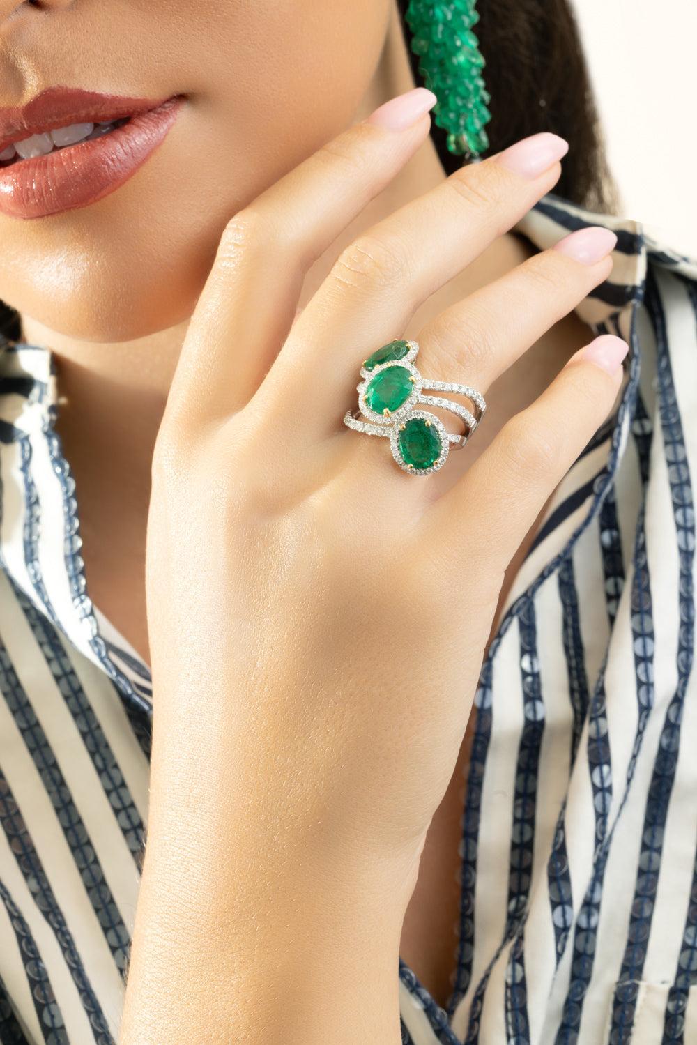 Diamond Emerald Oval Ring-WHITE GOLD-6.75-JEWELRYFINE JEWELRING-PIRANESI