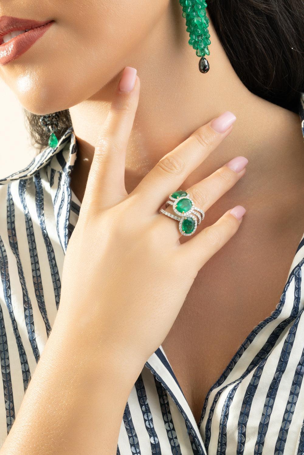 Diamond Emerald Oval Ring-WHITE GOLD-6.75-JEWELRYFINE JEWELRING-PIRANESI