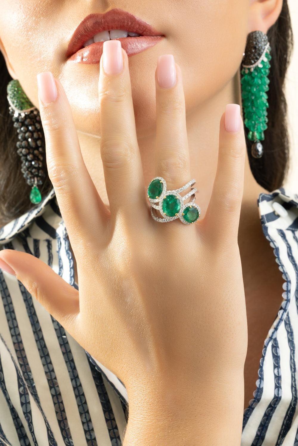 Diamond Emerald Oval Ring-WHITE GOLD-6.75-JEWELRYFINE JEWELRING-PIRANESI