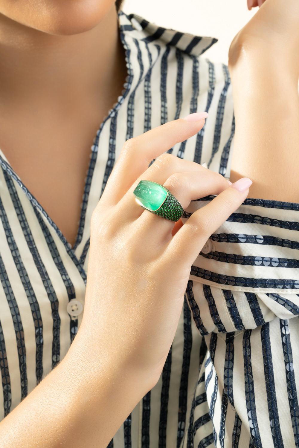 Emerald Diamond Sugarloaf Ring-ROSE GOLD-6-JEWELRYFINE JEWELRING-PIRANESI