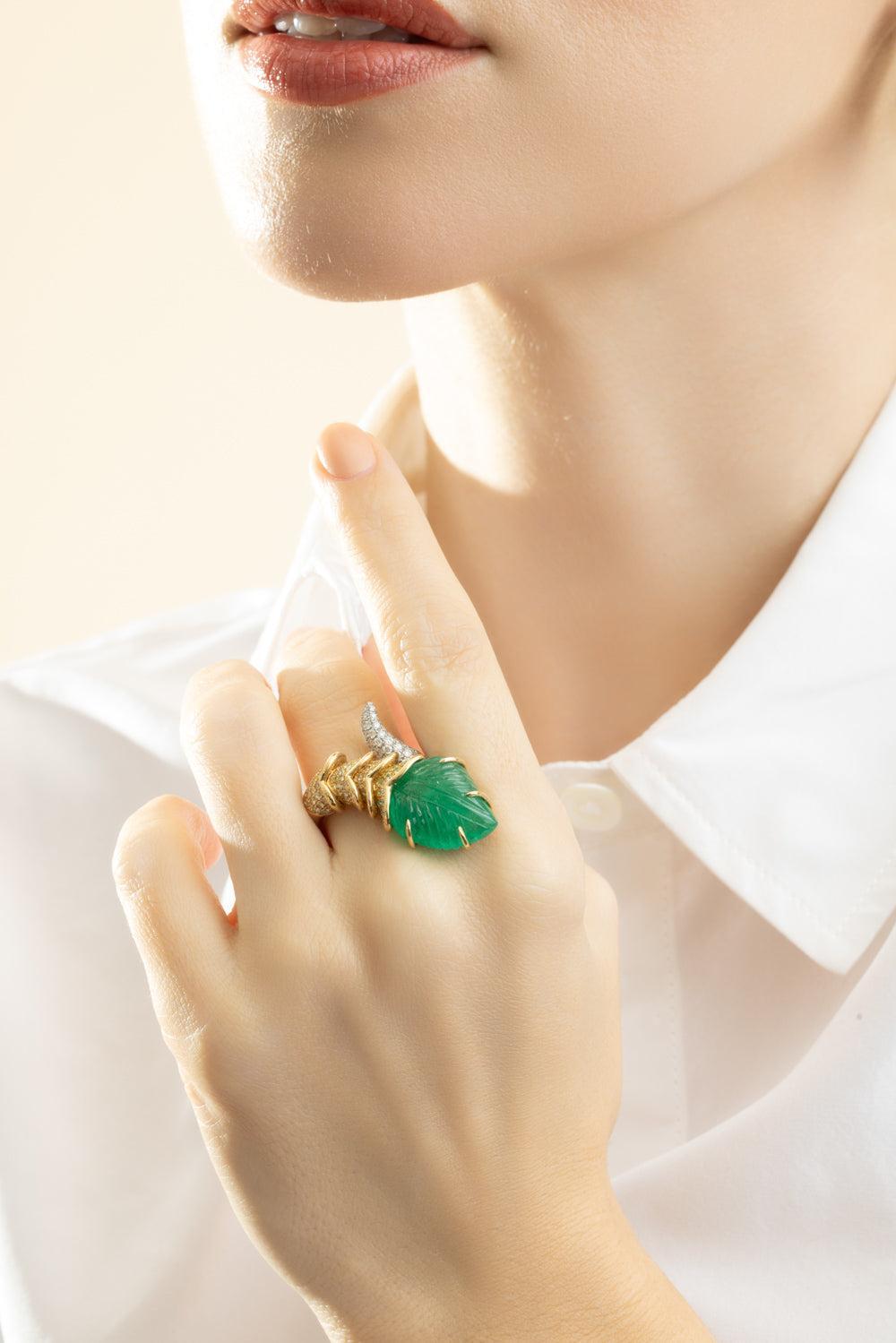 Emerald Diamond Carved Leaf Wrap Ring-WHITE GOLD-7-JEWELRYFINE JEWELRING-PIRANESI