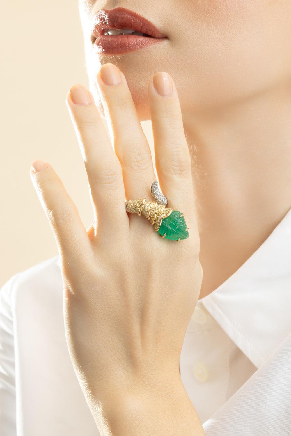 Emerald Diamond Carved Leaf Wrap Ring-WHITE GOLD-7-JEWELRYFINE JEWELRING-PIRANESI