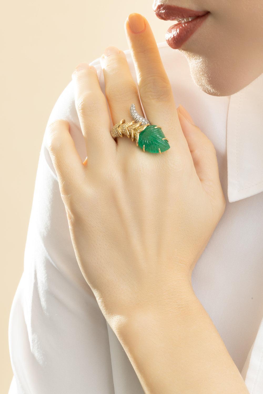 Emerald Diamond Carved Leaf Wrap Ring-WHITE GOLD-7-JEWELRYFINE JEWELRING-PIRANESI