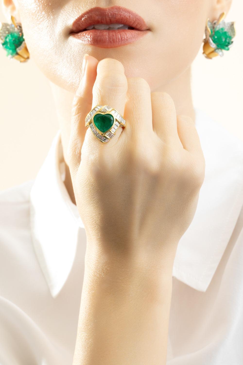 Emerald Diamond Heart Ring-YELLOW GOLD-7-JEWELRYFINE JEWELRING-PIRANESI