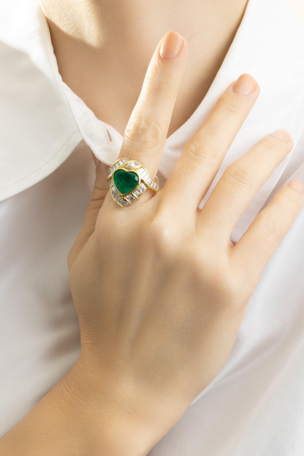 Emerald Diamond Heart Ring-YELLOW GOLD-7-JEWELRYFINE JEWELRING-PIRANESI