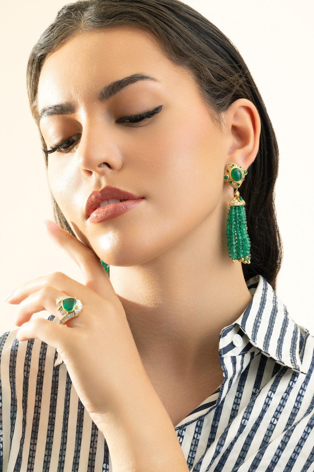 Diamond Emerald Beaded Drop Earrings-YELLOW GOLD-JEWELRYFINE JEWELEARRING-PIRANESI