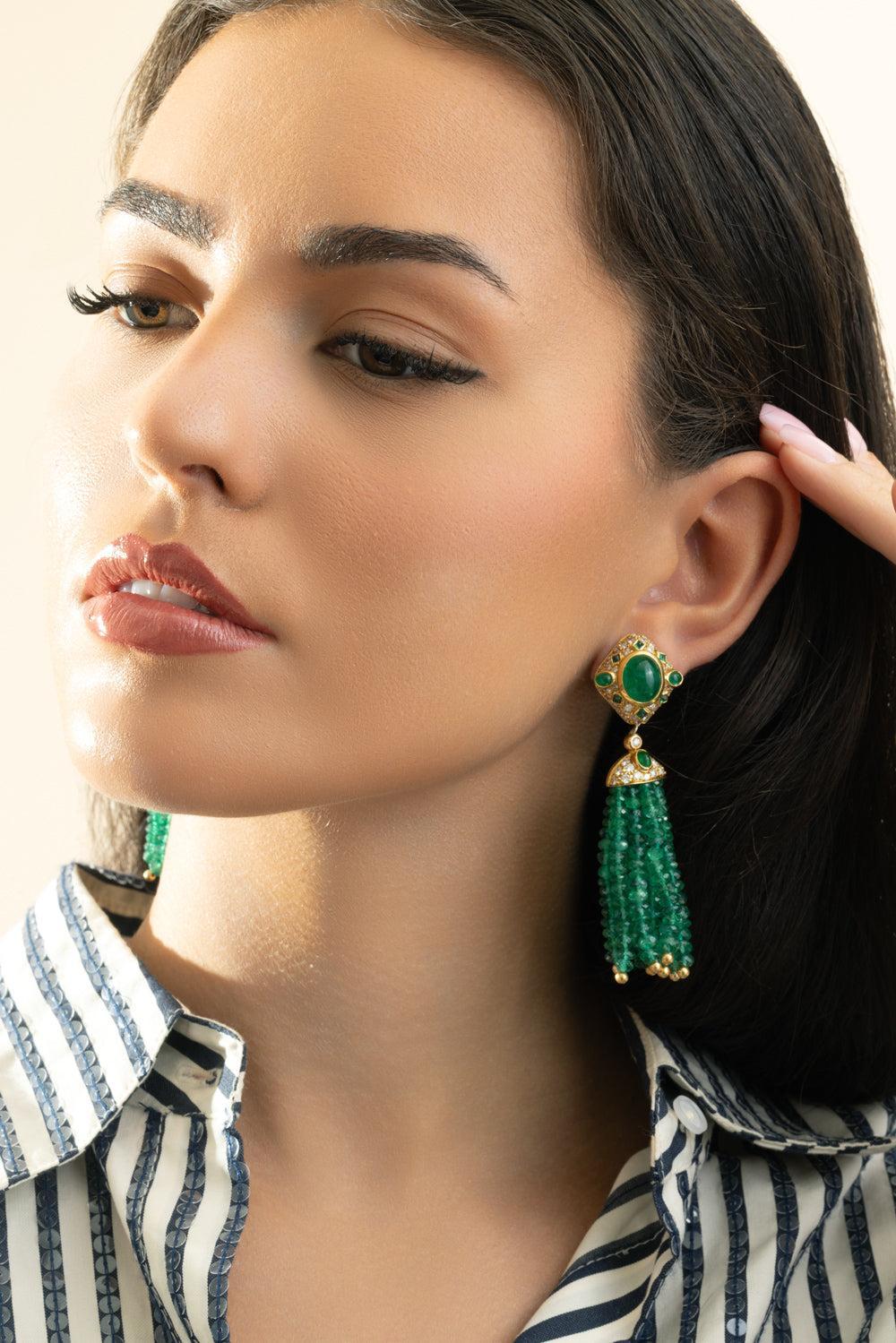 Diamond Emerald Beaded Drop Earrings-YELLOW GOLD-JEWELRYFINE JEWELEARRING-PIRANESI