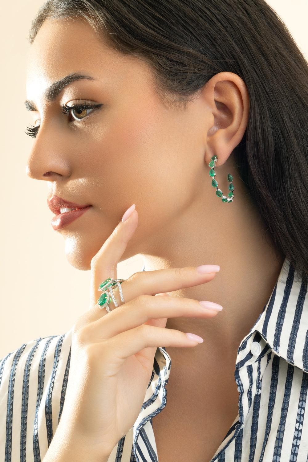 Emerald Diamond Hoop Earrings-WHITE GOLD-JEWELRYFINE JEWELEARRING-PIRANESI
