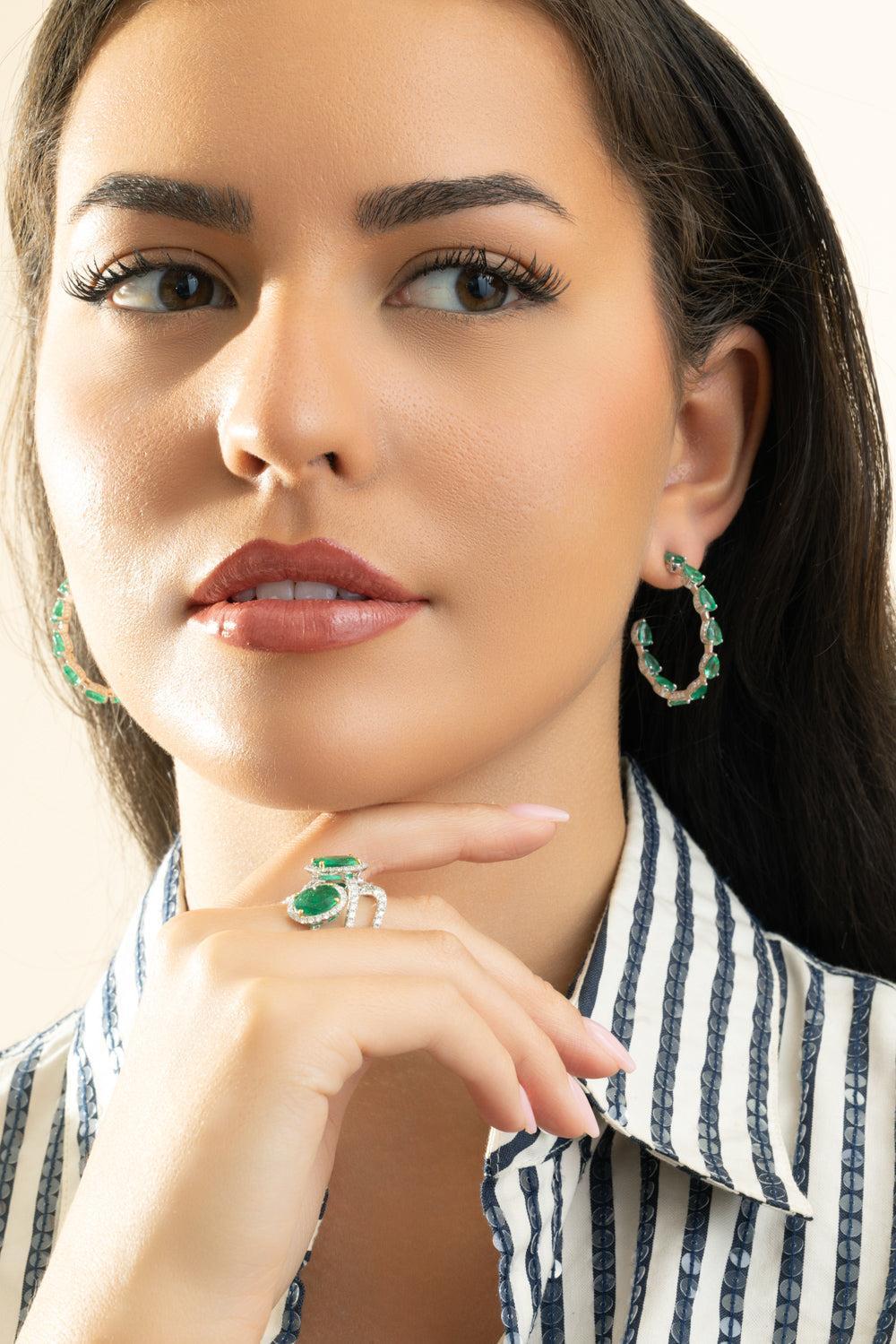 Emerald Diamond Hoop Earrings-WHITE GOLD-JEWELRYFINE JEWELEARRING-PIRANESI