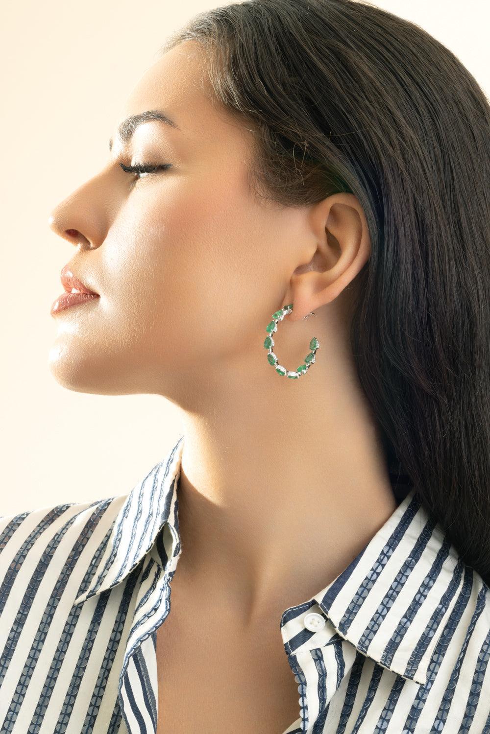 Emerald Diamond Hoop Earrings-WHITE GOLD-JEWELRYFINE JEWELEARRING-PIRANESI