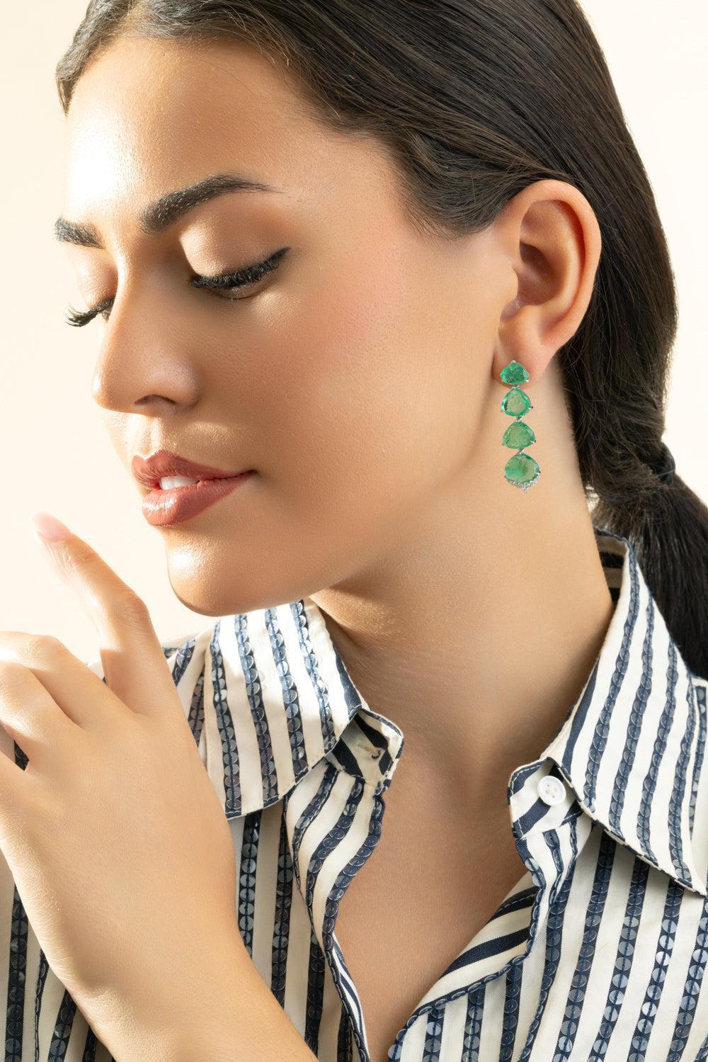 Emerald Diamond Drop Earrings-WHITE GOLD-JEWELRYFINE JEWELEARRING-PIRANESI