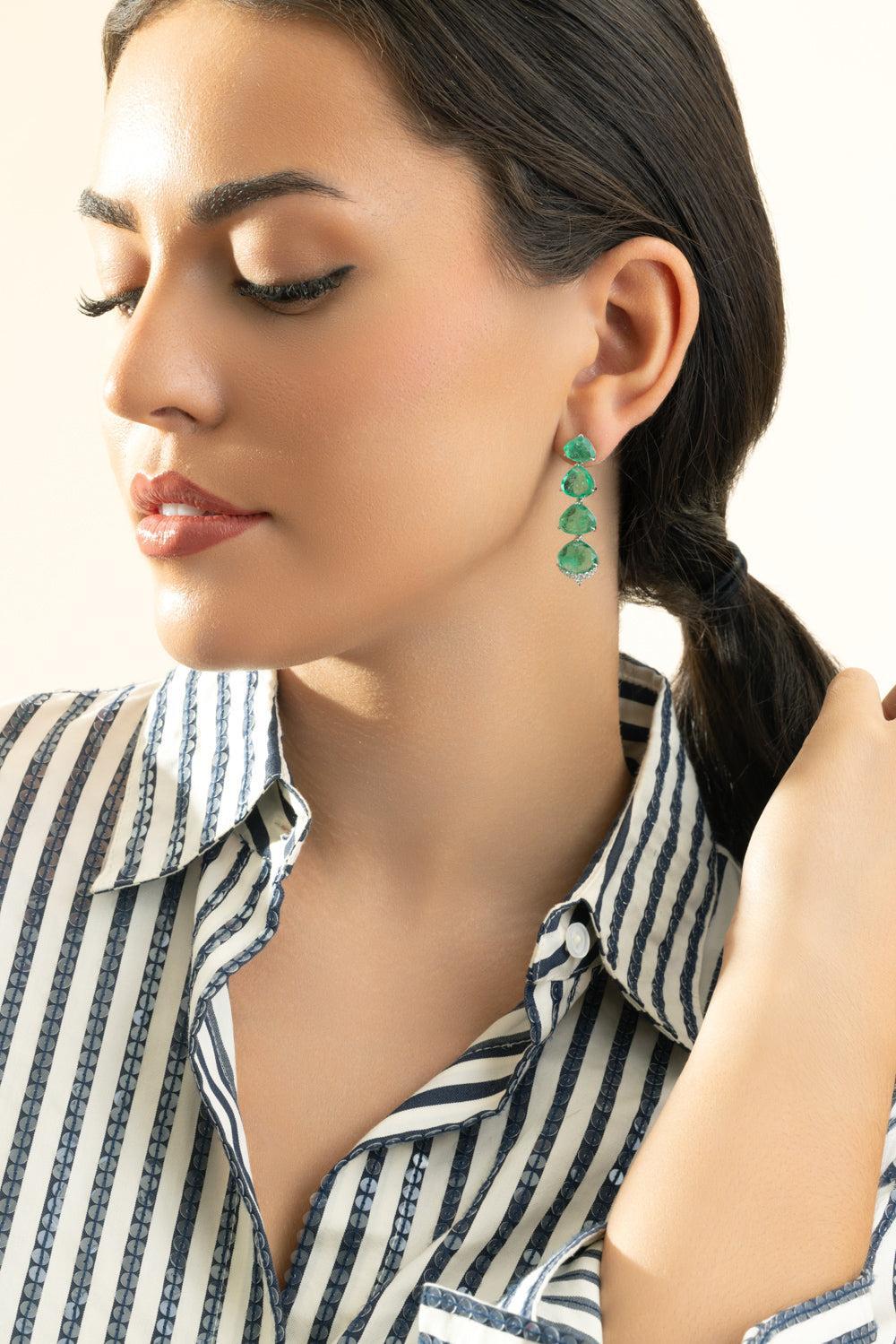 Emerald Diamond Drop Earrings-WHITE GOLD-JEWELRYFINE JEWELEARRING-PIRANESI