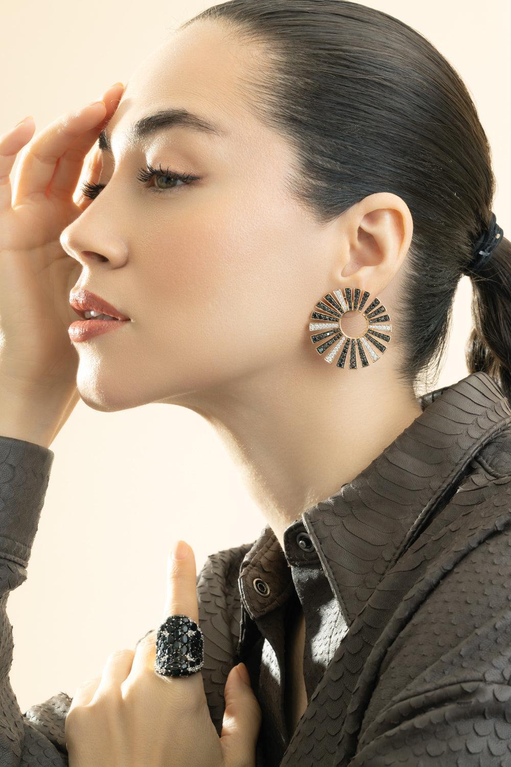 Black White Diamond Fan Earrings-ROSE GOLD-JEWELRYFINE JEWELEARRING-PIRANESI