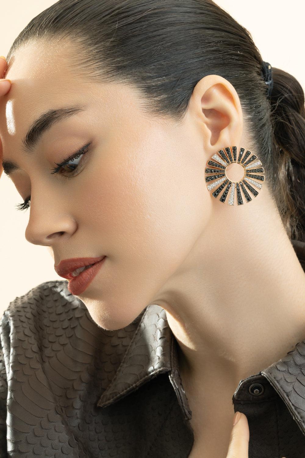 Black White Diamond Fan Earrings-ROSE GOLD-JEWELRYFINE JEWELEARRING-PIRANESI