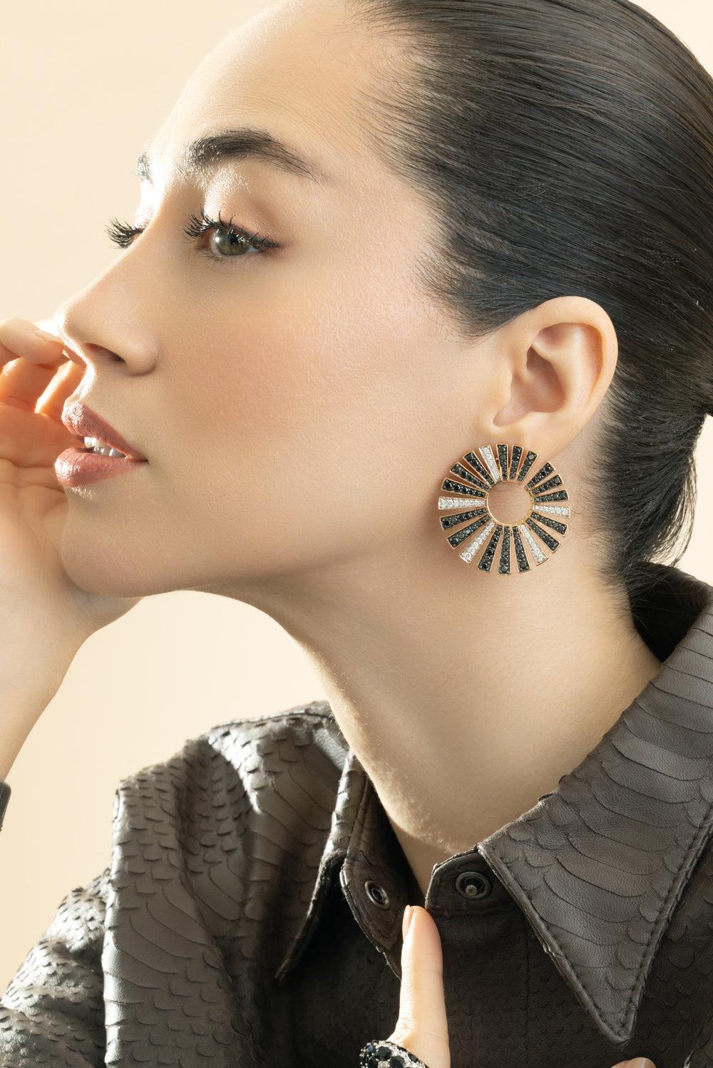 Black White Diamond Fan Earrings-ROSE GOLD-JEWELRYFINE JEWELEARRING-PIRANESI
