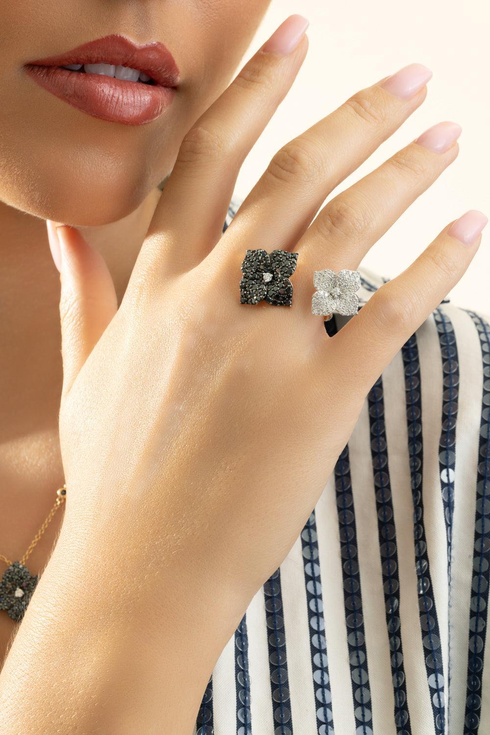 White Black Diamond Double Flower Ring-ROSE GOLD-6.5-JEWELRYFINE JEWELRING-PIRANESI