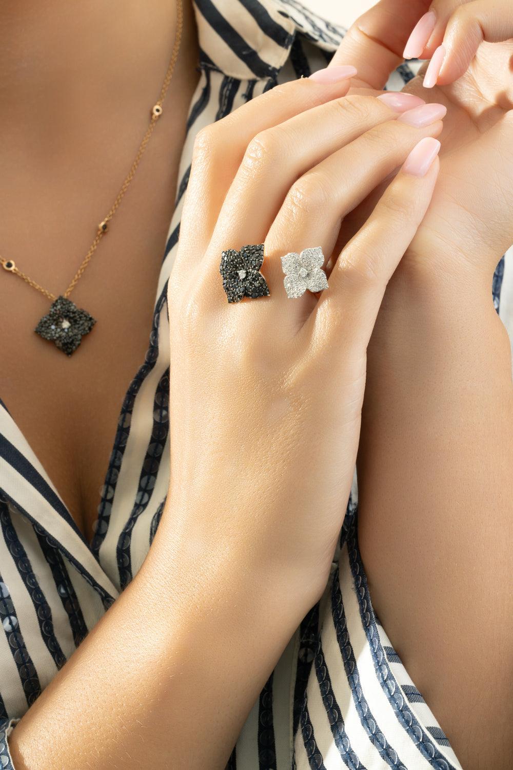 White Black Diamond Double Flower Ring-ROSE GOLD-6.5-JEWELRYFINE JEWELRING-PIRANESI