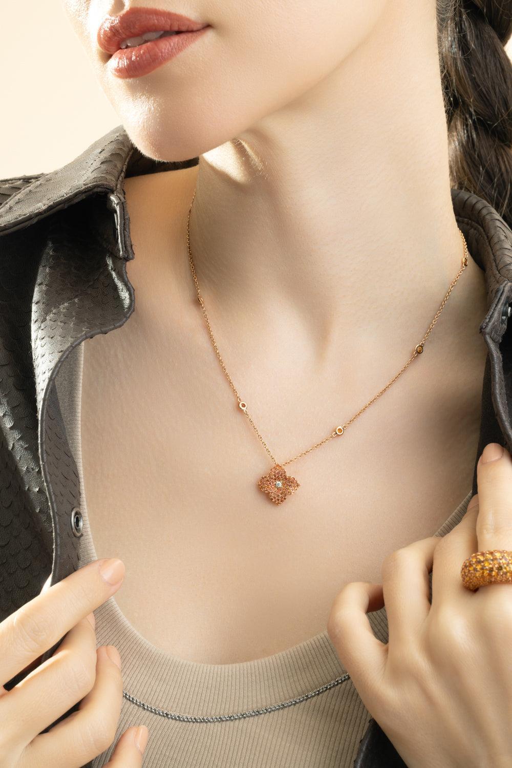 Orange Sapphire Small Flower Necklace-ROSE GOLD-JEWELRYFINE JEWELNECKLACE O-PIRANESI