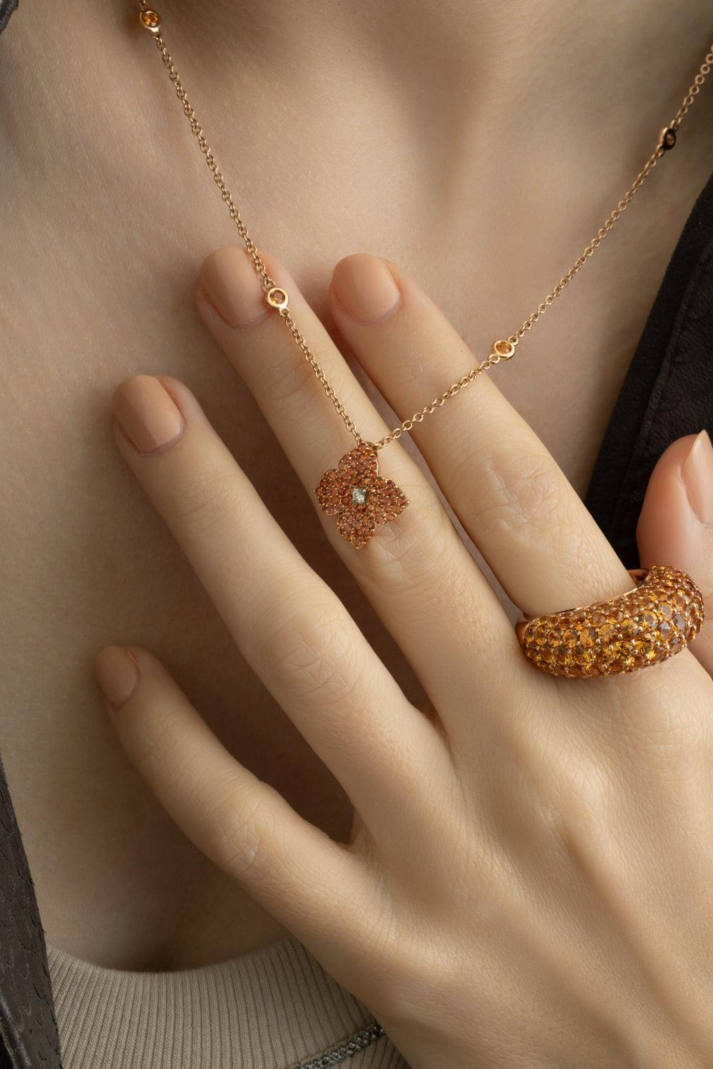 Orange Sapphire Small Flower Necklace-ROSE GOLD-JEWELRYFINE JEWELNECKLACE O-PIRANESI