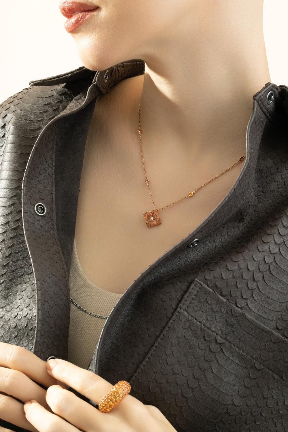 Orange Sapphire Small Flower Necklace-ROSE GOLD-JEWELRYFINE JEWELNECKLACE O-PIRANESI