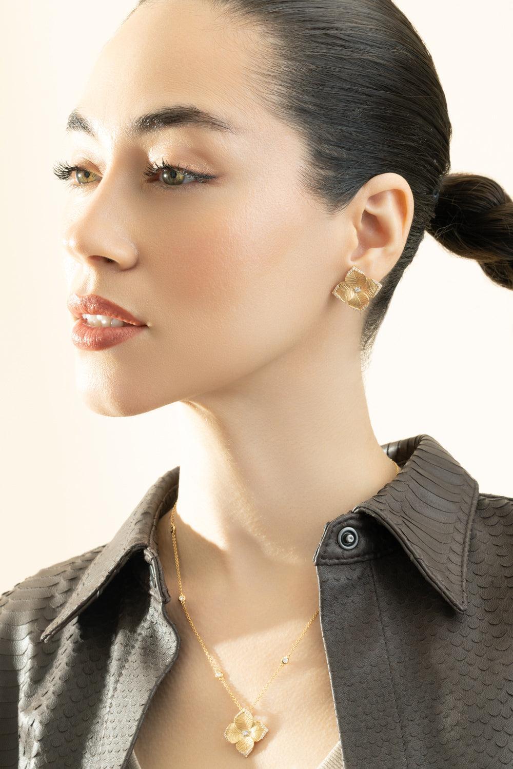 Diamond Large Flower Earrings-YELLOW GOLD-JEWELRYFINE JEWELEARRING-PIRANESI
